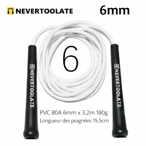 Spécifications techniques de la Corde de boxeur : câble 3,2m, diamètre 6mm et poids de 180g