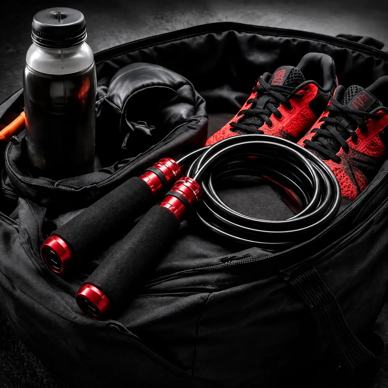 Corde de force 500g rangée dans un sac de sport avec équipement Crossfit